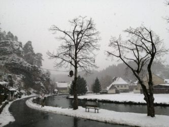 2021-01-19 Winteridylle an der Wiesent. Im Hintergrund die Alte Mühle von Nankendorf. Hier machen wir immer Mittagspause mit den Entchen.